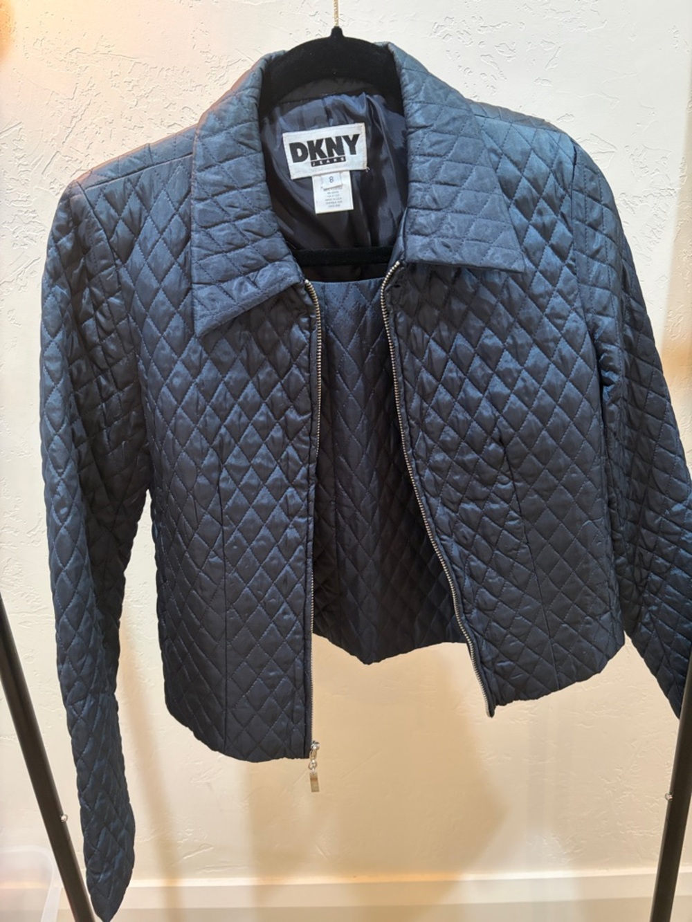 DKNY Quilted Navy Diamond-Pattern Bomber Jacket and Mini Skirt